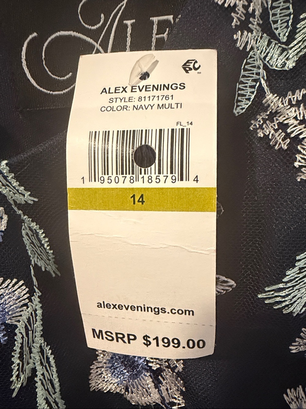 Alex Evenings Chiffon Dress 14 Navy Embroidered Floral Midi A-Line NWT $199 - Picture 5 of 9